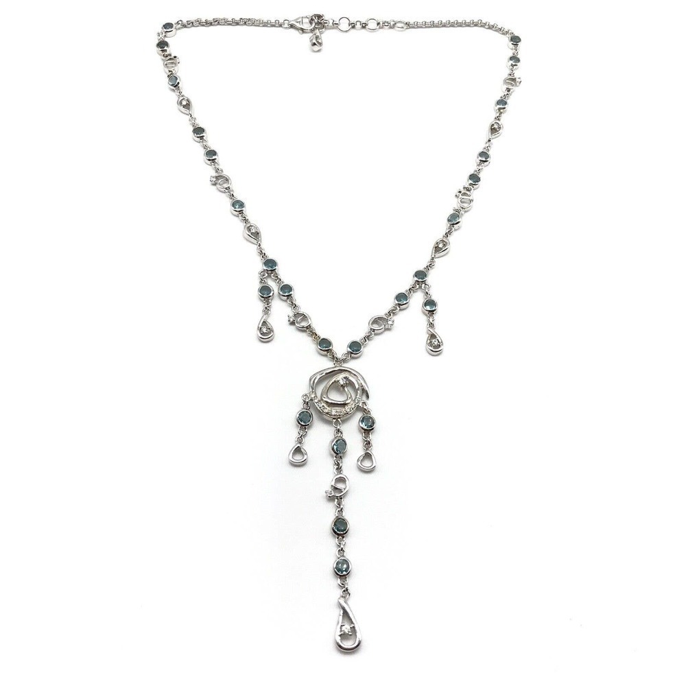 925 Sterling Silver Blue & White CZ Cubic Zirconia Chandelier Dangle Necklace